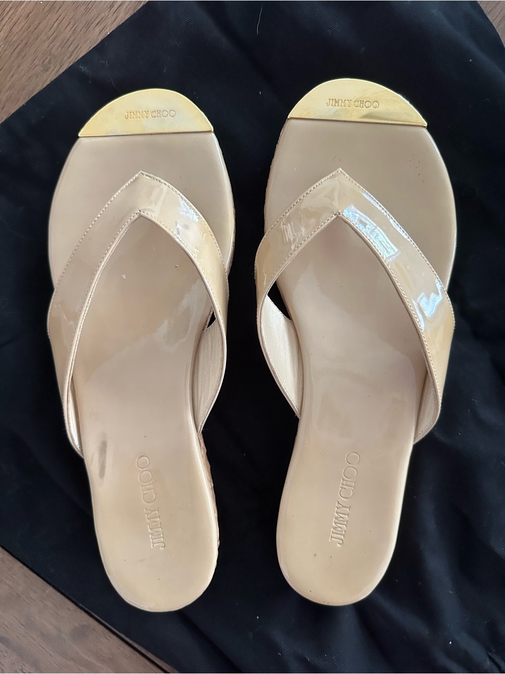 Jimmy Choo Beige Patent Cork Wedge Flip Flops